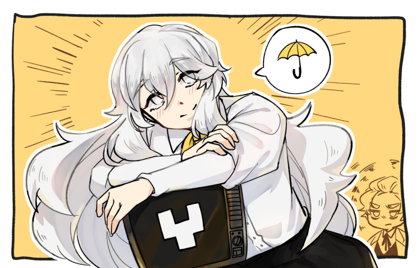 1boy, 1girl, angry, bangs, black_pants, blush, buttons, charlotte_wiltshire, felix_honikker, happy, hello_charlotte, long_hair, looking_at_viewer, pants, ribbon, shirt, sirateu, smile, speech_bubble, television, umbrella, white_eyebrows, white_eyes, white_hair, white_shirt, yellow_background, yellow_ribbon, yellow_umbrella