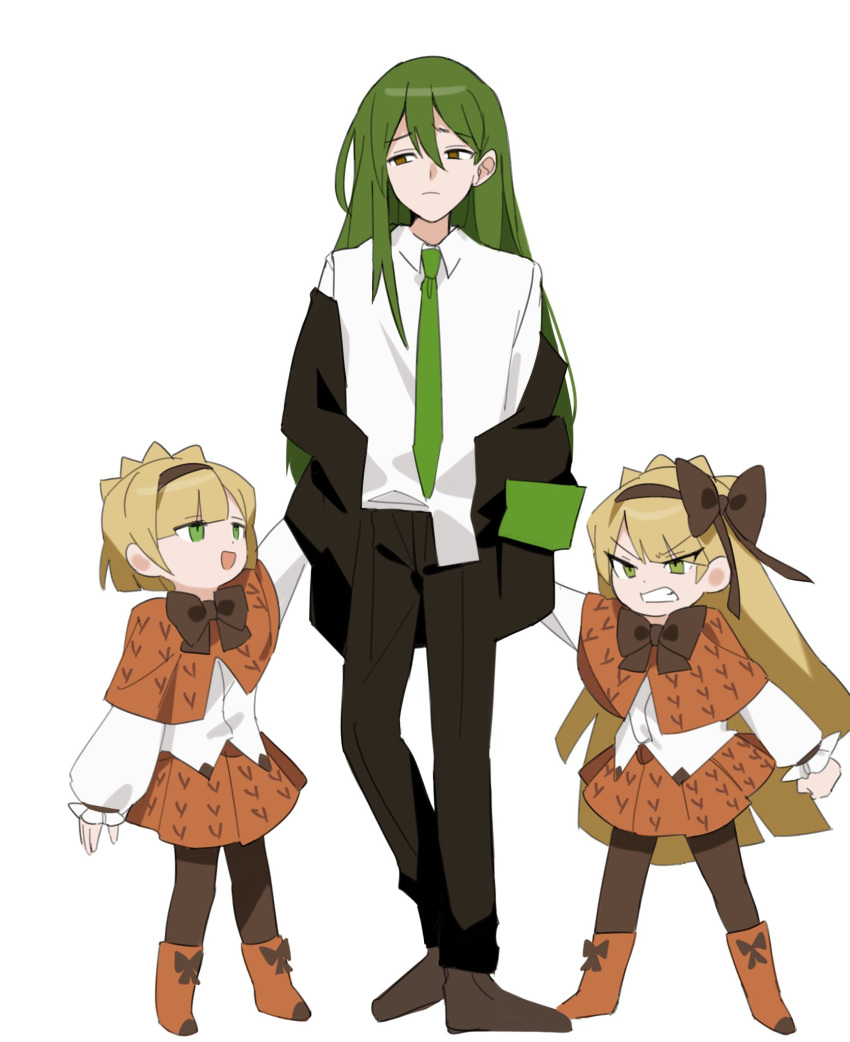 1girl, 2boys, :d, bangs, black_jacket, black_pants, blonde_hair, boots