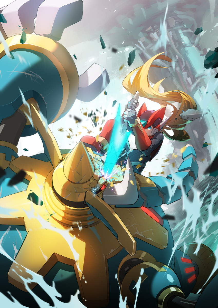 2boys, android, armor, battle, blonde_hair, bodysuit, energy, energy_sword