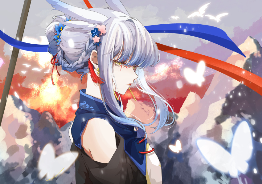 1girl, absurdres, alternate_hairstyle, braid, braided_bun, bug, butterfly, china_dress, chinese_clothes, detached_sleeves, dress, ganshijiu, grey_hair, hair_bun, highres, jewelry, looking_at_viewer, mimizuku_(sky:_children_of_the_light), pointy_hair, ponytail, profile, shorts, sidelocks, sky:_children_of_the_light, solo, upper_body, white_hair, yellow_eyes