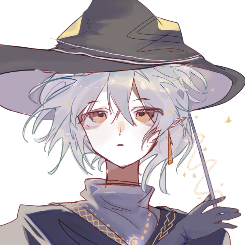 1boy, bishounen, earrings, grey_hair, hat, jewelry, looking_at_viewer, male_focus