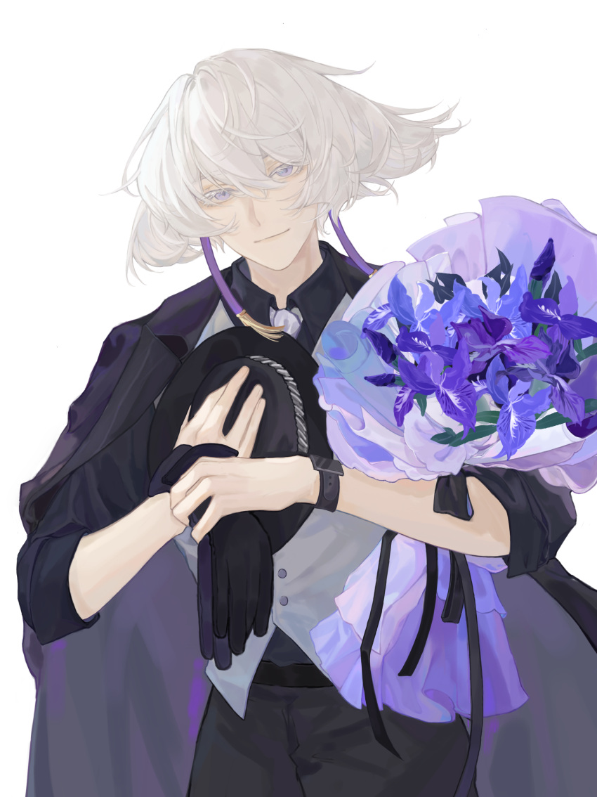 1boy, absurdres, alternate_costume, bishounen, bob_cut, daleth_(sky:_children_of_the_light), formal, grey_hair, hat, hat_removed, headwear_removed, highres, inverted_bob, japanese_clothes, jewelry, looking_at_viewer, male_focus, moxiangwencun, short_hair, sky:_children_of_the_light, solo, uniform, white_hair