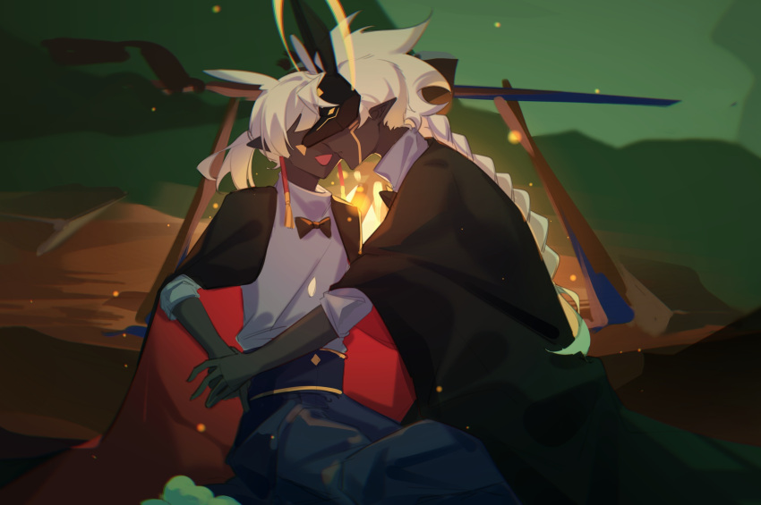 2boys, absurdres, braid, braided_ponytail, caleb_(sky:_children_of_the_light), dark-skinned_male, dark_skin, earrings, facial_mark, highres, jewelry, male_focus, mimizuku_(sky:_children_of_the_light), multiple_boys, single_braid, sky:_children_of_the_light, wangluoshechu, white_hair