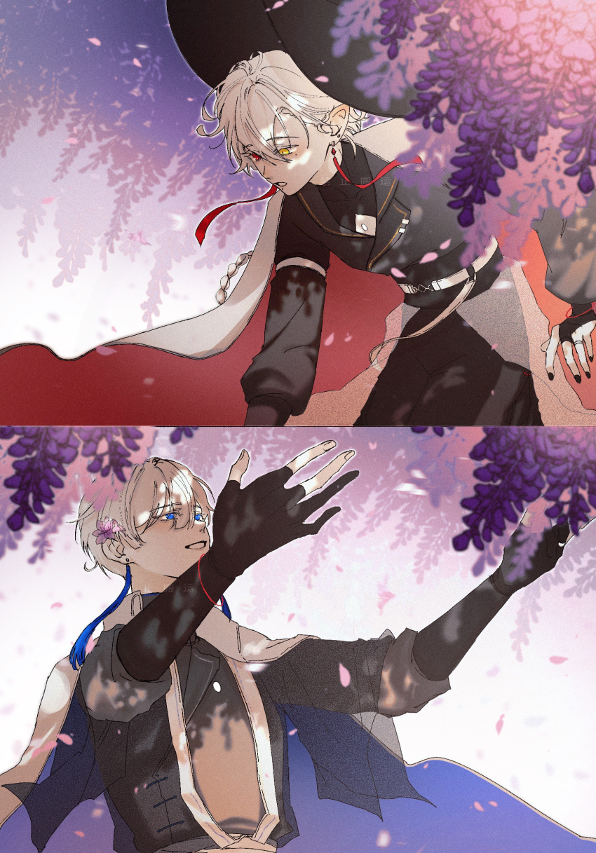 2boys, blue_eyes, cape, earrings, flower, grateful_shell_collector, grey_hair, hat