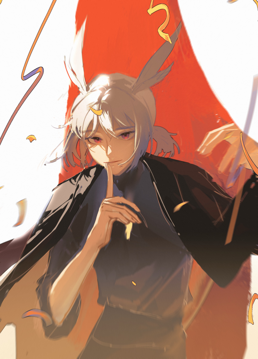 1boy, absurdres, bai_xiao, bishounen, grey_hair, gx911, highres, index_finger_raised, looking_at_viewer, male_focus, pointy_hair, ponytail, red_eyes, sky:_children_of_the_light, solo, white_hair