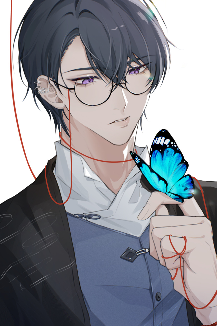 1boy, absurdres, bangs, black-framed_eyewear, black_hair, black_jacket, blue_butterfly, blue_vest, bug, butterfly, butterfly_on_hand, buttons, chinese_commentary, collared_shirt, commentary_request, crossed_bangs, ear_piercing, fujik0, glasses, hair_between_eyes, hand_up, highres, jacket, looking_away, male_focus, marius_von_hagen_(tears_of_themis), open_clothes, open_jacket, parted_bangs, parted_lips, piercing, round_eyewear, shirt, short_hair, solo, string, string_around_finger, string_of_fate, tears_of_themis, upper_body, vest, violet_eyes, white_shirt