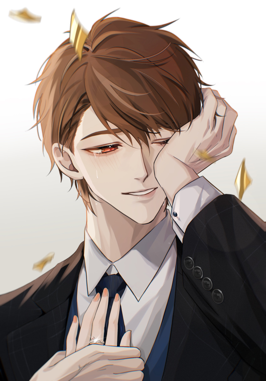 1boy, 1other, bangs, black_jacket, black_necktie, blue_vest, blush, brown_hair
