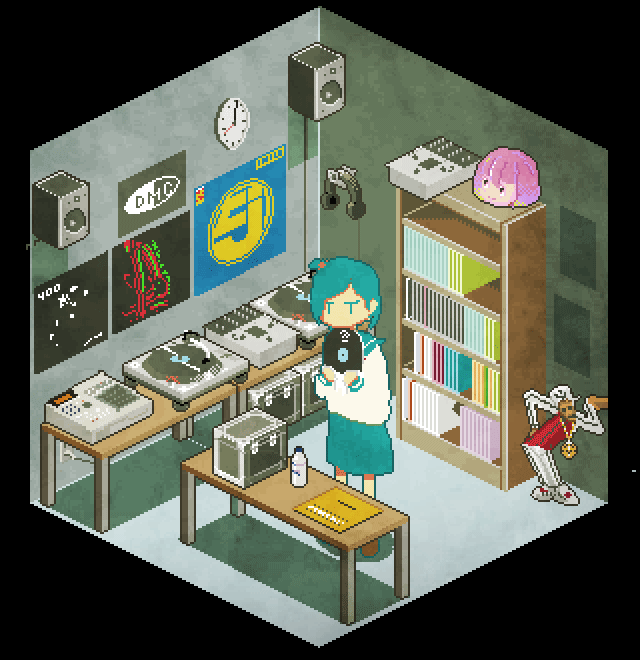 1girl, analog_clock, animated, animated_gif, blue_hair, blue_skirt, book, bookshelf, clock, headphones, headphones_removed, indoors, isometric, long_sleeves, motocross_saito, original, pixel_art, record, run-dmc, school_uniform, serafuku, short_hair, skirt, solo, table