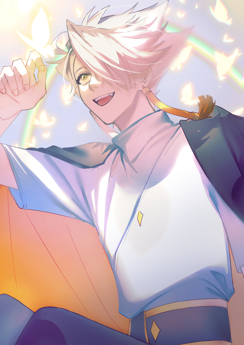 1boy, absurdres, alef_(sky:_children_of_the_light), bishounen, bug, butterfly, earrings, glowing_butterfly, grey_hair, highres, jewelry, malachuanchuanxiang31373, male_focus, rainbow, short_hair, sky:_children_of_the_light, smile, solo, spiky_hair, tassel, tassel_earrings, white_hair, yellow_butterfly, yellow_eyes