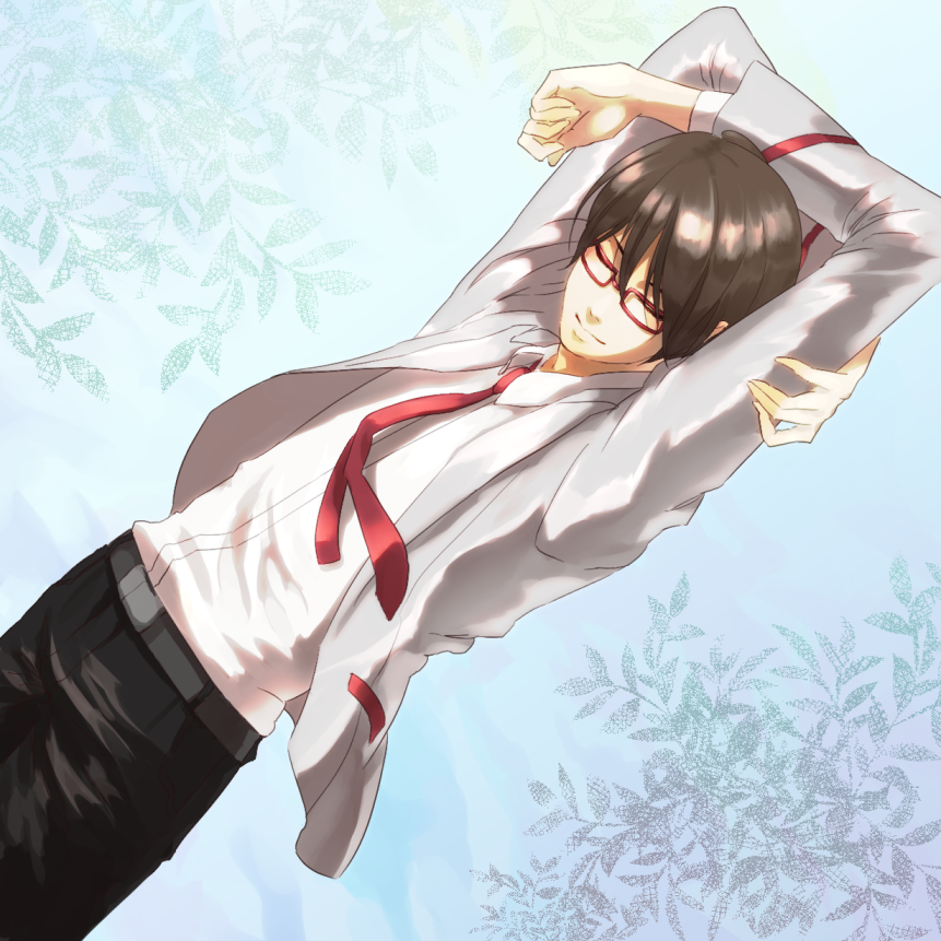 1boy, arms_up, black_hair, black_pants, closed_eyes, glasses, grey_jacket, jacket, male_focus, miracle_train_oedo-sen_e_youkoso, pants, shirt, solo, stretching, white_shirt