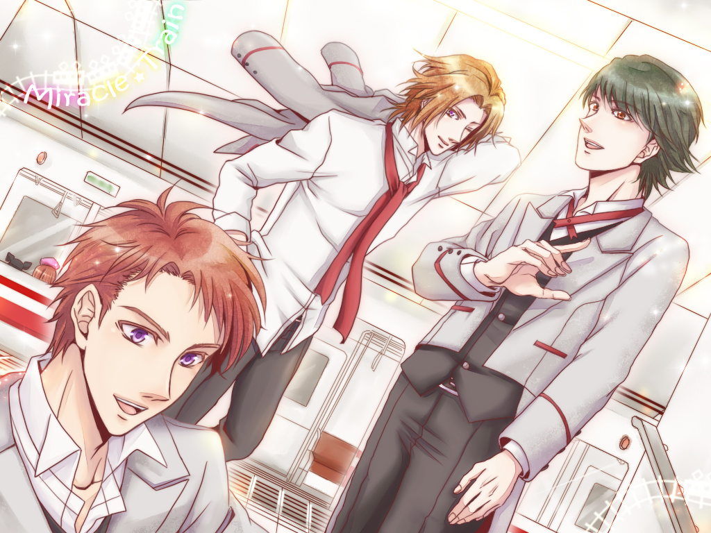 1girl, 3boys, akari_(miracle_train), black_pants, brown_hair, copyright_name, dutch_angle, ground_vehicle, jacket, jacket_removed, kzmt29, long_sleeves, male_focus, miracle_train_oedo-sen_e_youkoso, multiple_boys, necktie, one_eye_closed, pants, pink_headwear, red_eyes, red_necktie, red_ribbon, ribbon, ryougoku_itsumi, shinjuku_rintarou, shirt, standing, tokugawa_(miracle_train), train, train_station, tsukishima_izayoi, uniform, violet_eyes, white_shirt