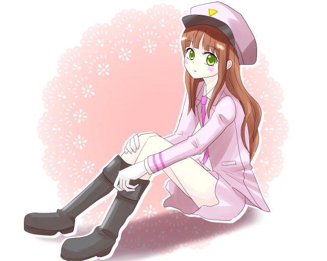 1girl, akari_(miracle_train), black_footwear, blush, boots, brown_hair, full_body, green_eyes, hat, knee_boots, knees_up, long_hair, long_sleeves, looking_at_viewer, miracle_train_oedo-sen_e_youkoso, necktie, pink_background, pink_headwear, pink_necktie, pink_skirt, sitting, skirt, solo, yuki36