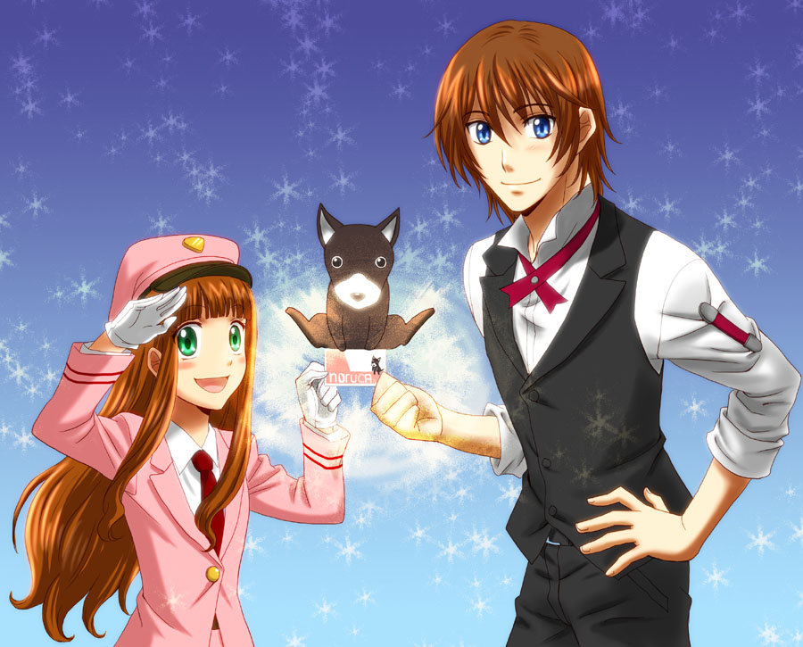 1boy, 1girl, :d, akari_(miracle_train), black_pants, blue_background, blue_eyes, blush