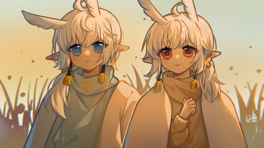 2boys, bai_xiao, bishounen, blue_eyes, grey_hair, highres, looking_at_viewer, male_focus, mimizuku_(sky:_children_of_the_light), multiple_boys, mumuyingzi, pointy_hair, ponytail, red_eyes, siblings, sky:_children_of_the_light, twins, upper_body