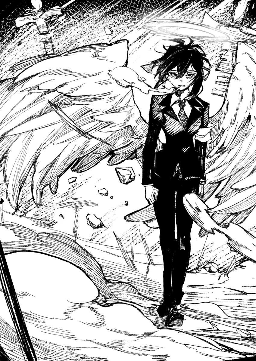 1girl, angel, cigarette, cross, dust, dust_cloud, dutch_angle, feathered_wings