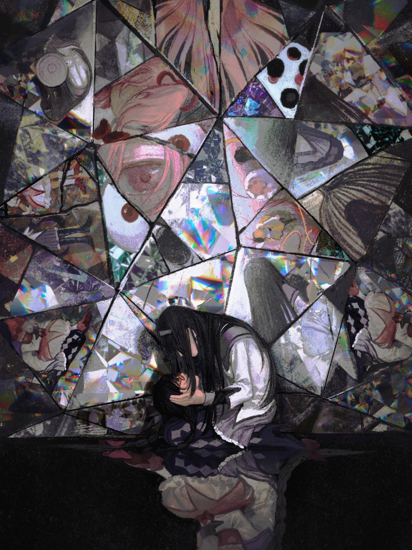 1girl, akemi_homura, argyle, argyle_legwear, bangs, black_hair, boots, bow