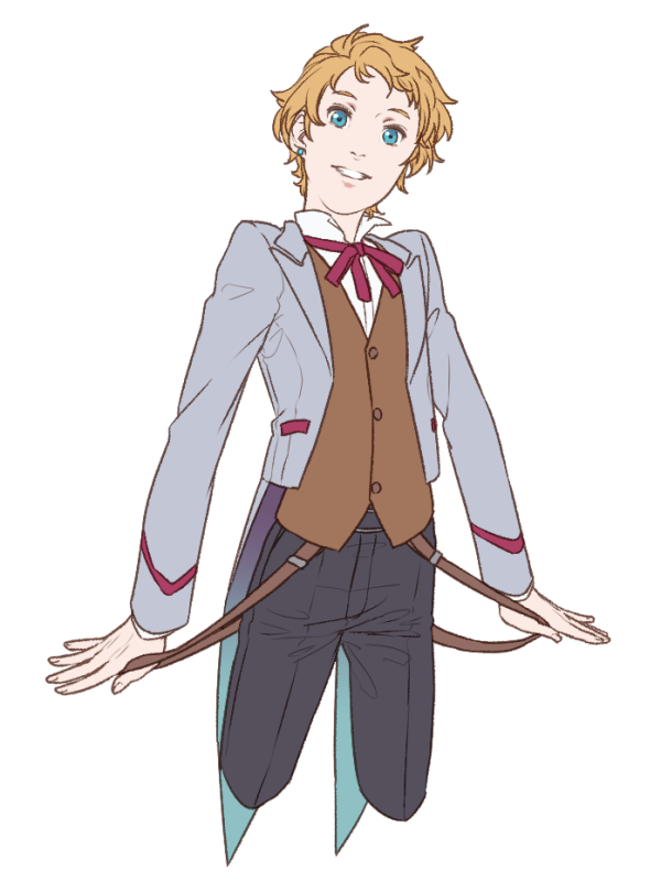 1boy, black_pants, blonde_hair, blue_eyes, brown_vest, cropped_legs, earrings, grey_jacket, jacket, jewelry, long_sleeves, male_focus, miracle_train_oedo-sen_e_youkoso, pants, red_ribbon, ribbon, shiodome_iku, short_hair, simple_background, smile, solo, standing, stud_earrings, uniform, vest, white_background, yugi_(liquidmoon)