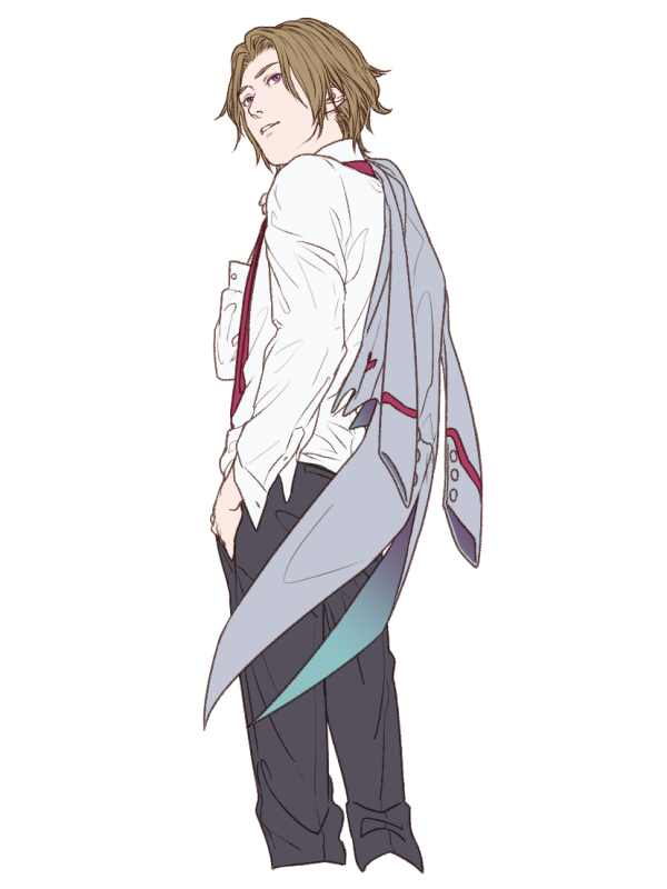 1boy, black_pants, brown_hair, grey_jacket, hand_in_pocket, jacket, jacket_removed, miracle_train_oedo-sen_e_youkoso, necktie, pants, red_necktie, shinjuku_rintarou, shirt, short_hair, simple_background, solo, white_background, white_shirt, yugi_(liquidmoon)