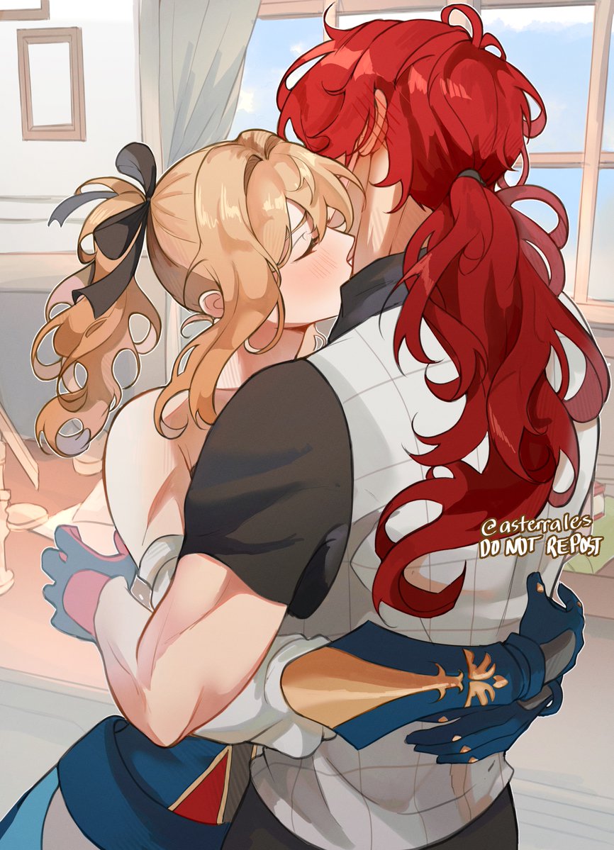 1boy, 1girl, asterrales, bangs, black_shirt, blonde_hair, blue_gloves, bow