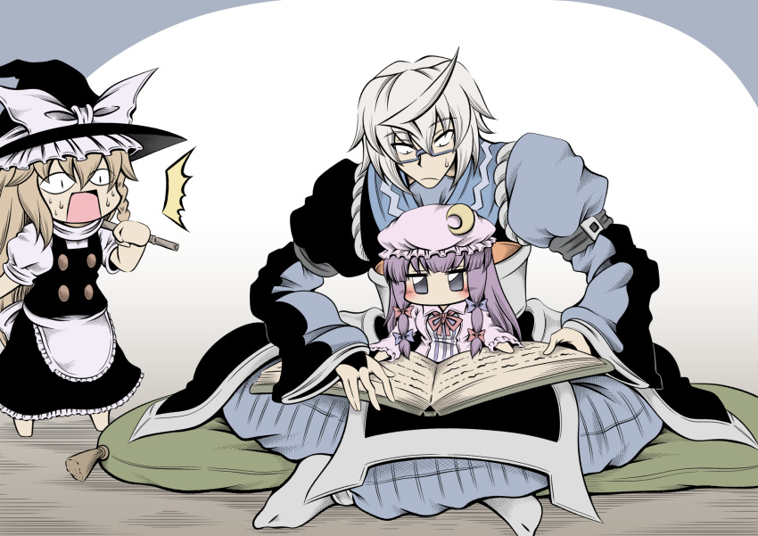 1boy, 2girls, aged_down, ahoge, black_eyes, blonde_hair, blush, book