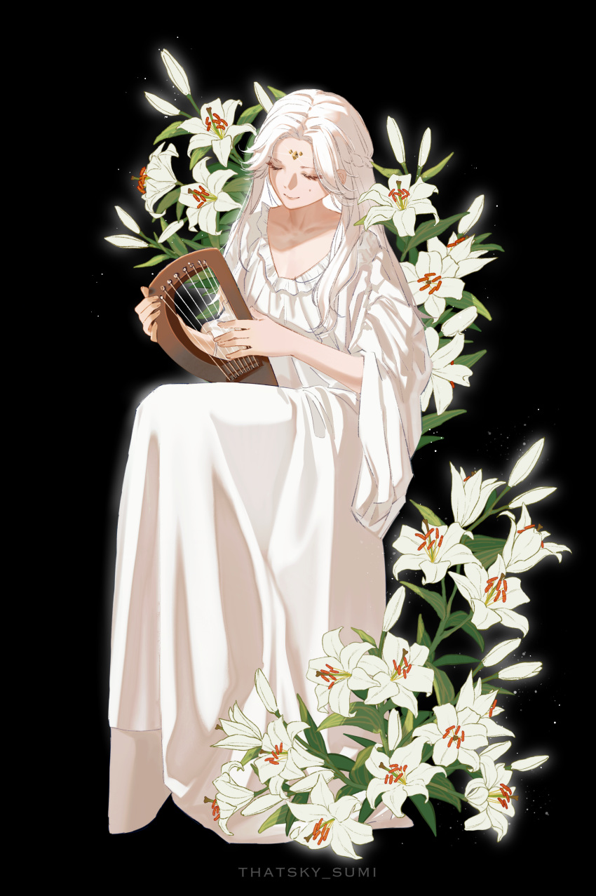 1girl, 6361290701, absurdres, black_background, closed_eyes, dress, facial_mark, flower, forehead_mark, full_body, harp, highres, instrument, lily_(flower), music, original, playing_instrument, sky:_children_of_the_light, solo, white_dress, white_flower, white_hair