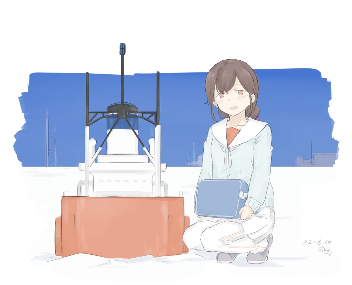 1girl, artist_name, box, braid, brown_hair, cardigan, dated, icebreaker_ship