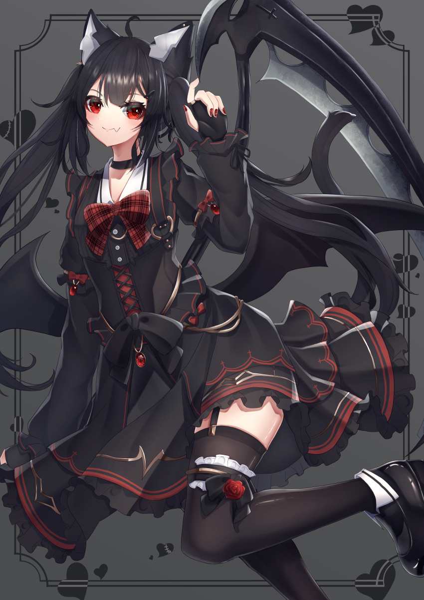 1girl, absurdres, ahoge, animal_ears, black_choker, black_dress, black_footwear, black_gloves