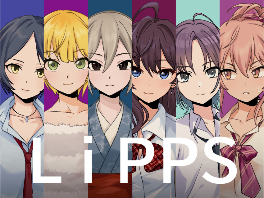 6+girls, ahoge, asakura_toru, bow, bowtie, ear_piercing, fur_trim, hayami_kanade