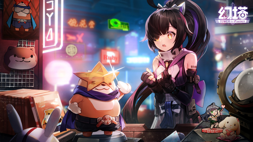 1girl, ahoge, artist_request, bare_shoulders, black_gloves, black_hair, blurry, breasts