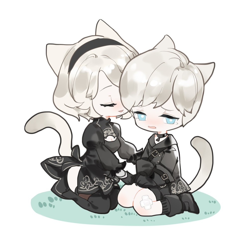 1boy, 1girl, animal_ears, ankle_boots, bangs, black_dress, black_footwear, black_hairband