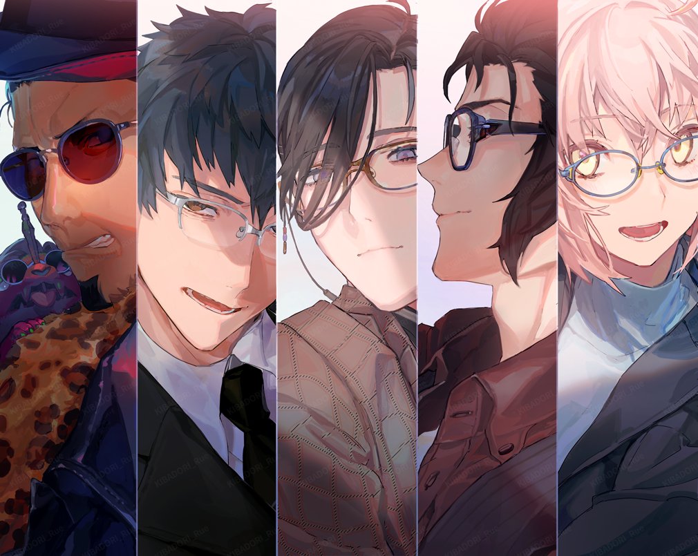 1girl, 4boys, ahoge, animal_print, bespectacled, black_hair, blonde_hair, brown_hair