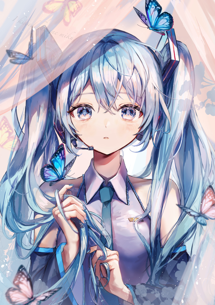 1girl, absurdres, aqua_necktie, bangs, black_sleeves, blue_butterfly, blue_eyes, blue_hair