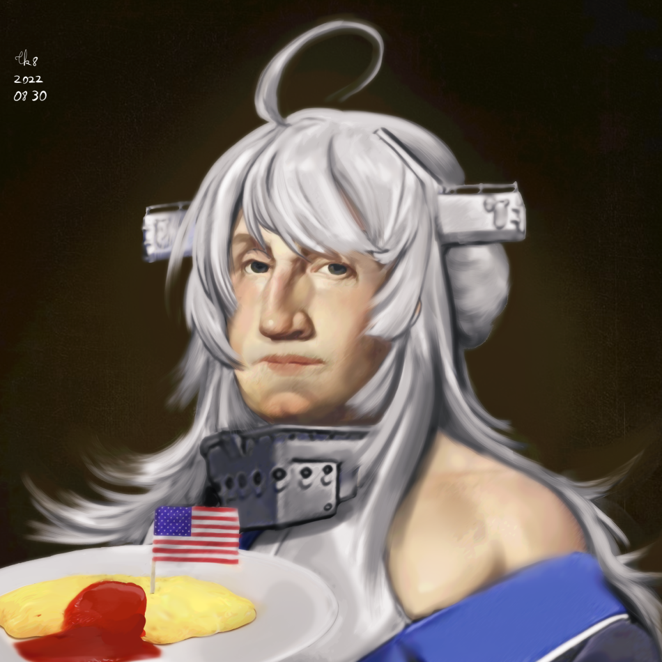 1boy, ahoge, american_flag, blue_necktie, collar, food, fusion, george_washington
