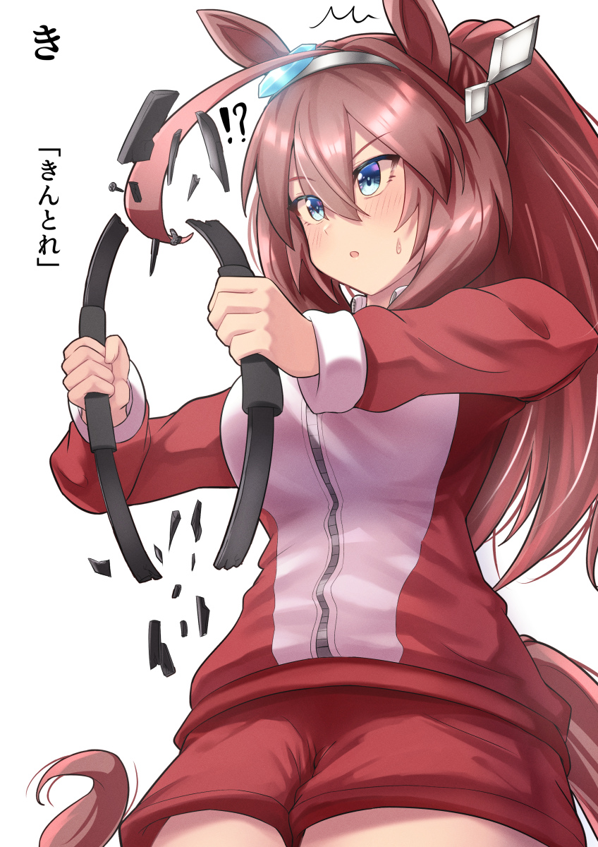 !?, 1girl, animal_ears, blue_eyes, breaking, brown_hair, commentary_request, cowboy_shot
