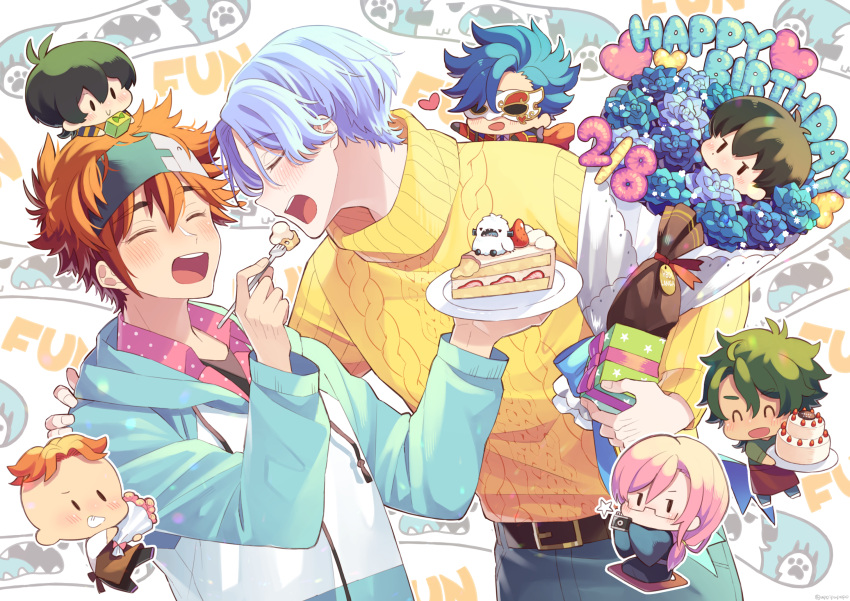 6+boys, ^_^, adam_(sk8), blue_hair, blush, cake, cherry_blossom_(sk8), chibi