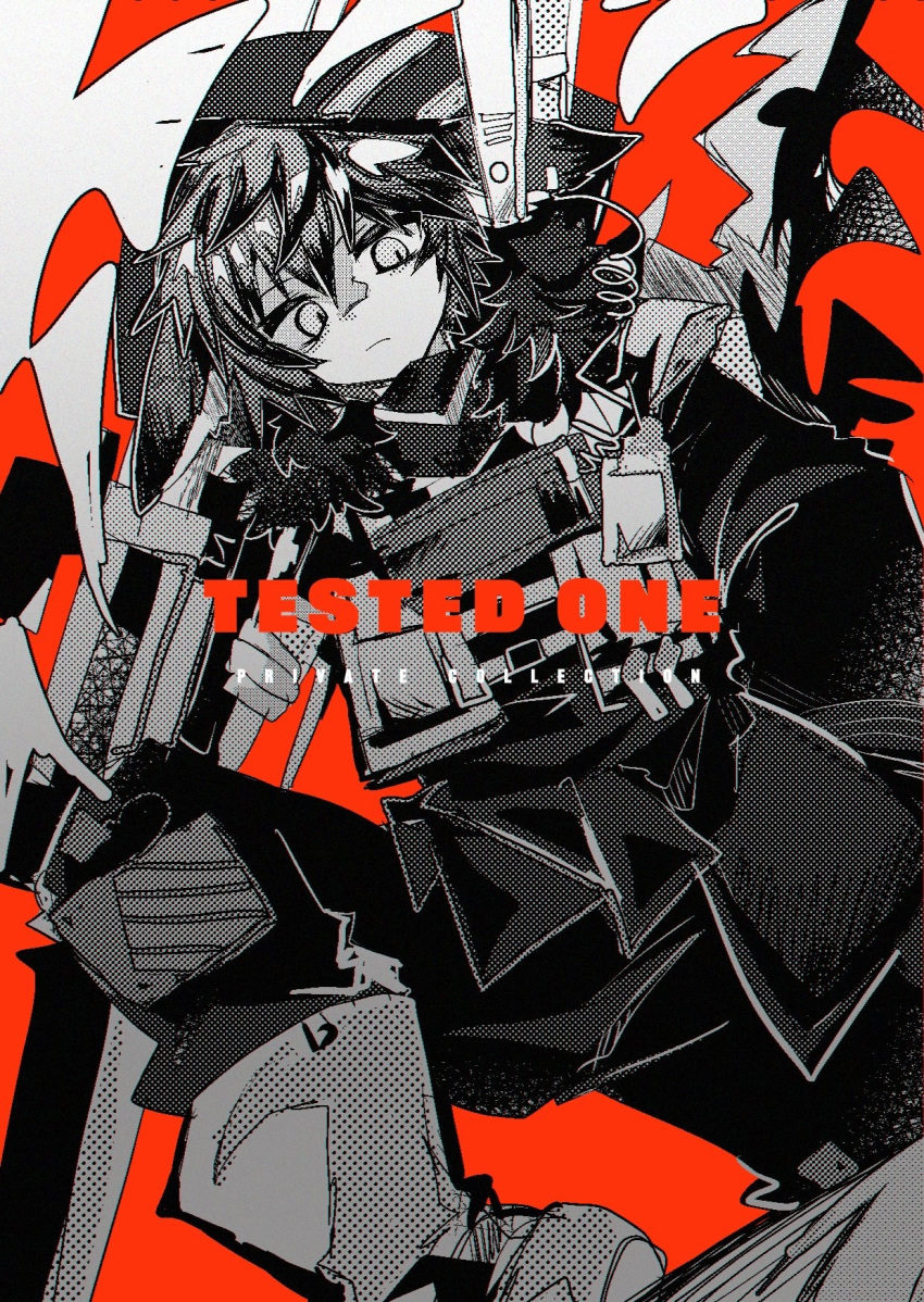 1boy, arknights, ayerscarpe_(arknights), ayerscarpe_(tested_one)_(arknights), boots, closed_mouth, expressionless, fjsk, greyscale_with_colored_background, highres, looking_at_viewer, red_background, short_hair, simple_background, solo