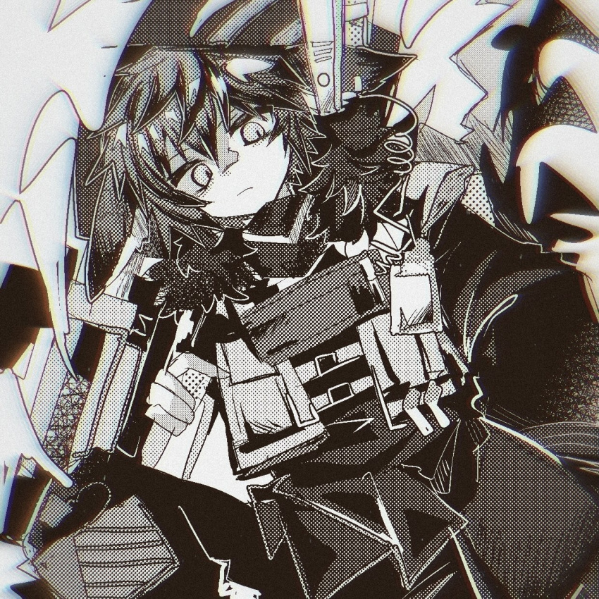 1boy, arknights, ayerscarpe_(arknights), ayerscarpe_(tested_one)_(arknights), closed_mouth, expressionless, fjsk, greyscale, highres, looking_at_viewer, monochrome, short_hair, solo
