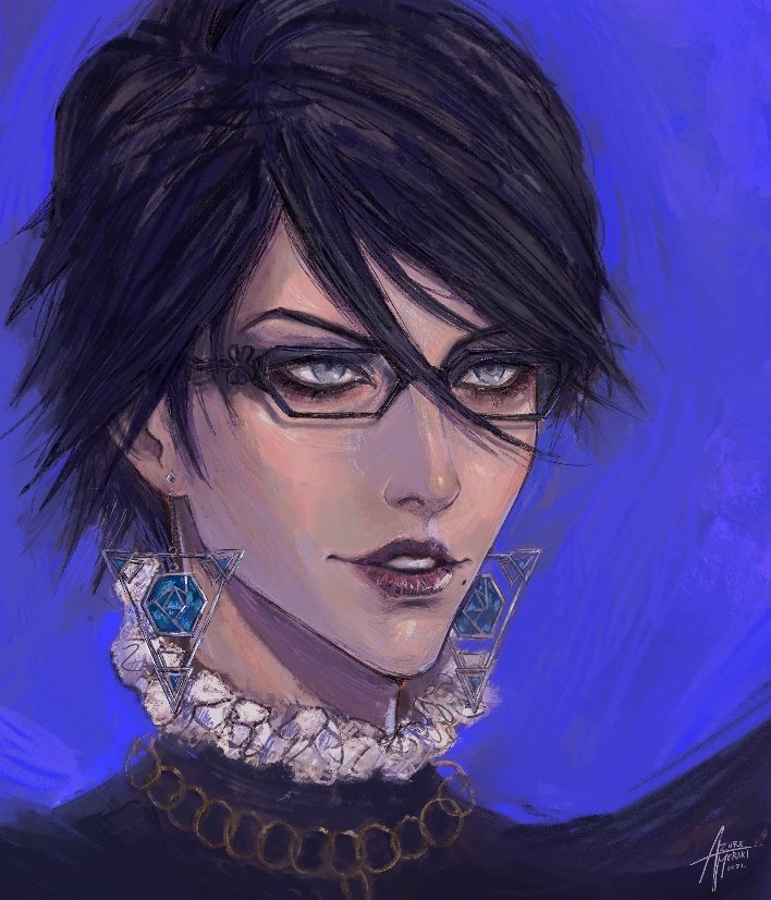 1girl, azure_meraki, bayonetta, bayonetta_(series), black-framed_eyewear, black_hair, blue_background, dated