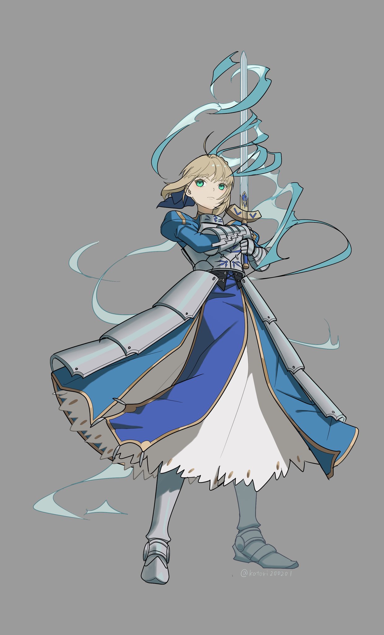 1girl, ahoge, armor, armored_dress, artoria_pendragon_(fate), bangs, blonde_hair, blouse, braid, breasts, commentary_request, dress, excalibur_(fate/stay_night), fate_(series), full_body, gauntlets, green_eyes, grey_background, hair_ribbon, highres, holding, holding_sword, holding_weapon, juliet_sleeves, kotori200201, long_hair, long_sleeves, looking_at_viewer, puffy_sleeves, ribbon, saber, shirt, short_hair, simple_background, skirt, solo, standing, sword, weapon, wind