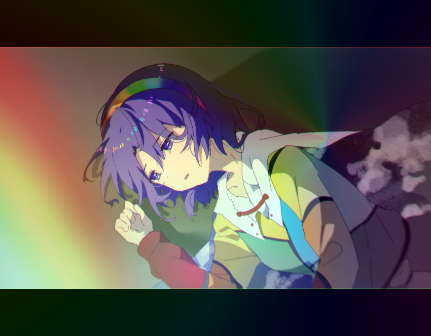 1girl, bad_anatomy, bad_neck, blue_eyes, blue_hair, cloak, dress, hair_between_eyes, hairband, highres, long_sleeves, multicolored_clothes, multicolored_dress, multicolored_hairband, open_mouth, patchwork_clothes, rainbow_gradient, short_hair, sky_print, solo, tenkyuu_chimata, touhou, white_cloak, xiebaowang