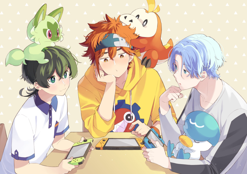3boys, 3others, animal, animal_on_head, blue_eyes, blue_hair, fuecoco, green_eyes