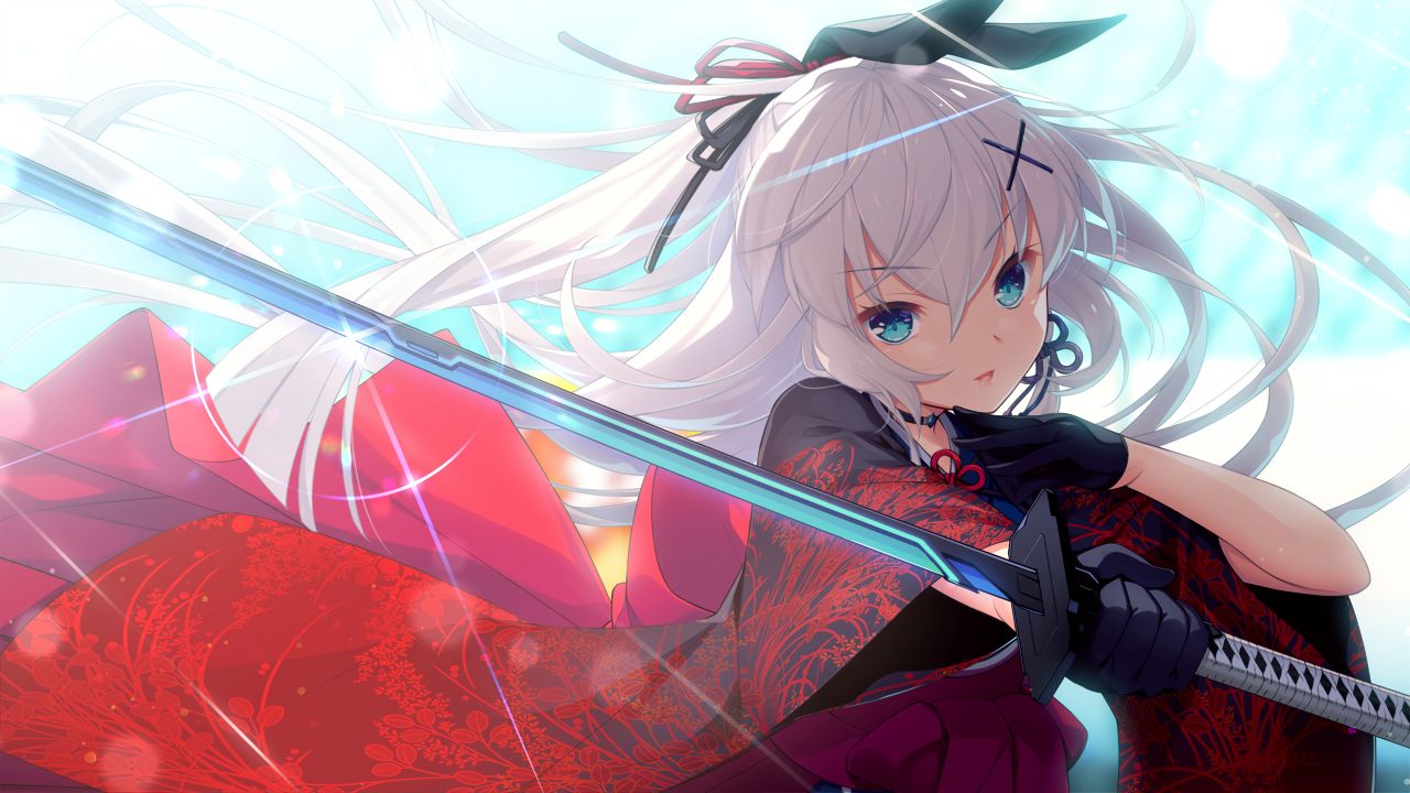 1girl, :d, bangs, black_gloves, black_kimono, black_ribbon, blue_eyes, day