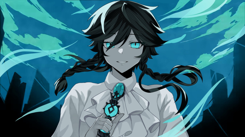 1boy, bangs, black_hair, blue_eyes, braid, chess_piece, eunashiiii, genshin_impact, gnosis_(genshin_impact), highres, looking_at_viewer, male_focus, queen_(chess), queen_(vocaloid), shirt, short_hair_with_long_locks, smile, solo, spot_color, twin_braids, venti_(genshin_impact), white_shirt