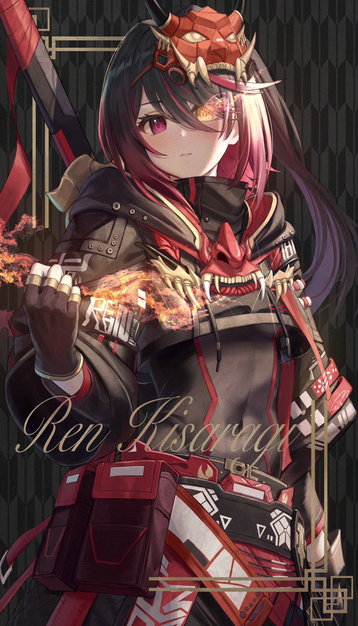 1girl, armor, bangs, belt_pouch, black_hair, bodysuit, bodysuit_under_clothes, character_name