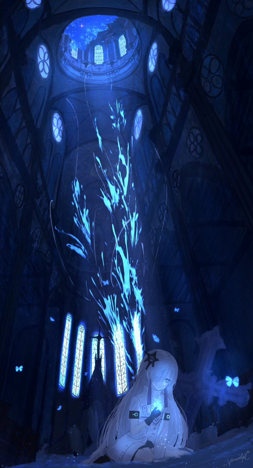 1girl, absurdres, asymmetrical_sleeves, blue_theme, broken_ceiling, bug, butterfly, cevio