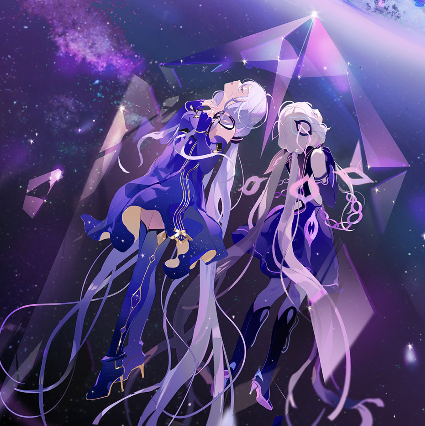 2girls, crossed_legs, dark_persona, dual_persona, gem, grey_hair, hands_on_own_chest, legs_apart