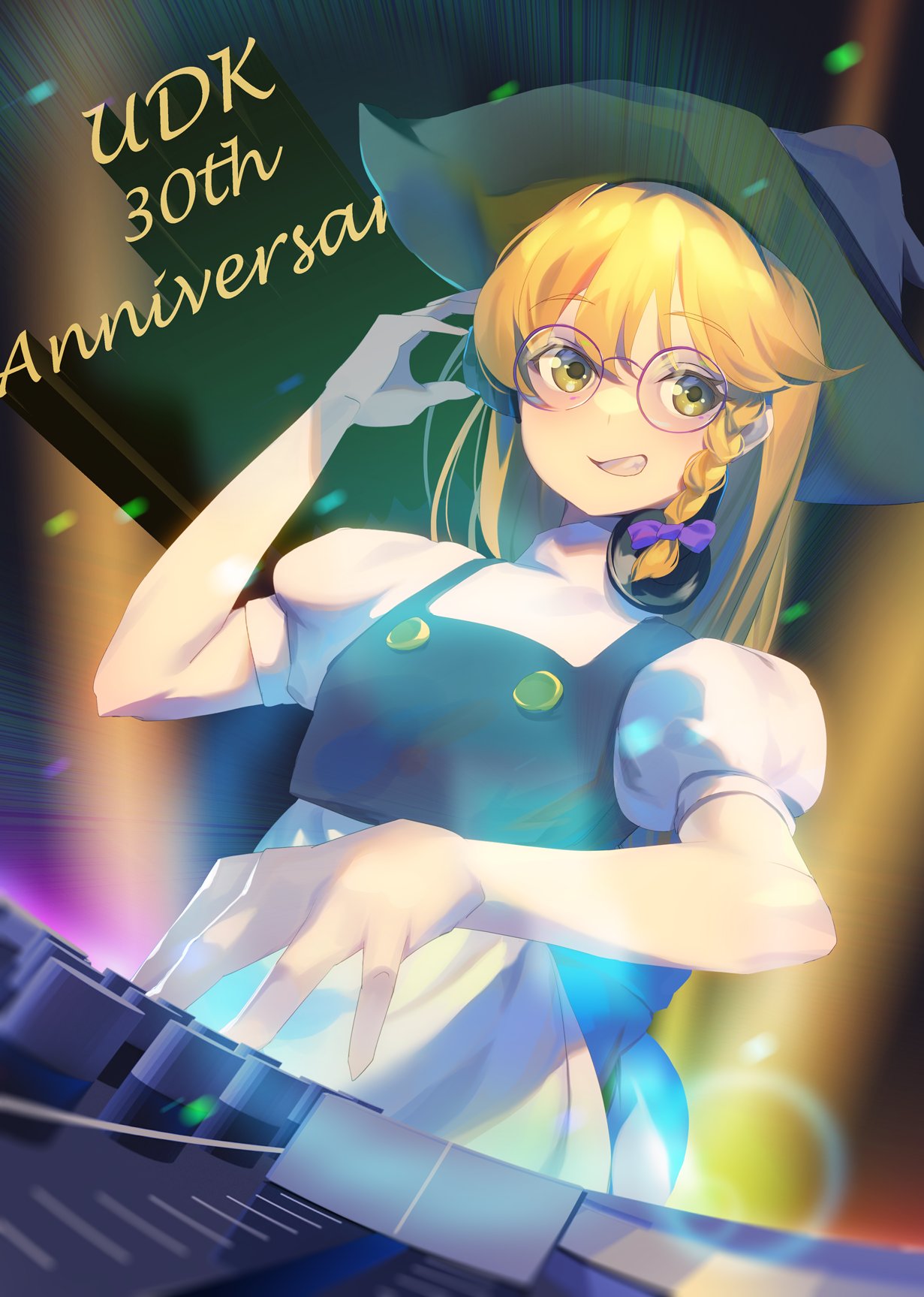 1girl, apron, bangs, bejili, black_headwear, black_vest, blonde_hair, blush
