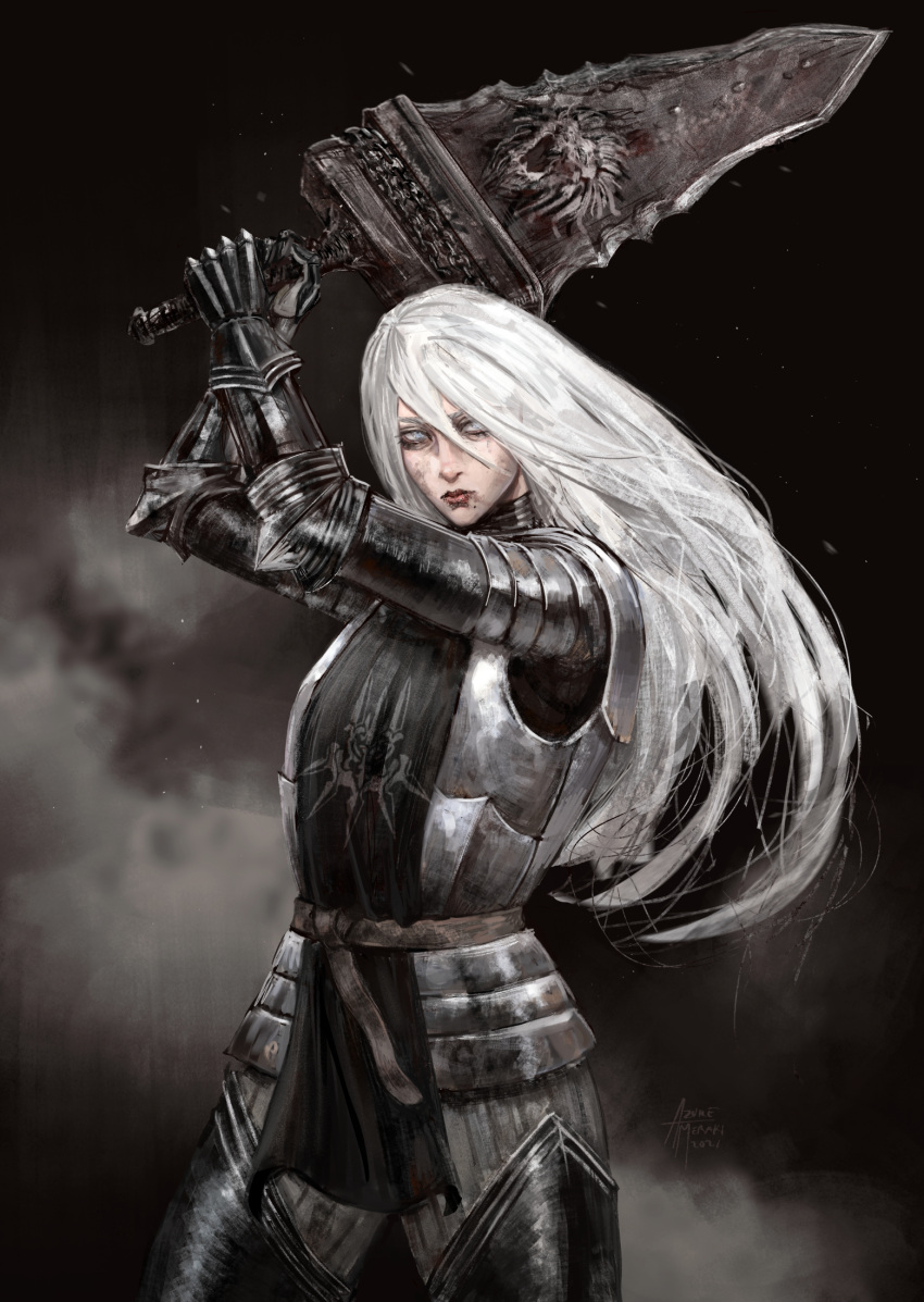 1girl, adapted_costume, armor, arms_up, azure_meraki, black_footwear, boots, breastplate, closed_mouth, cowboy_shot, dated, floating_hair, gauntlets, hands_up, highres, holding, holding_sword, holding_weapon, looking_at_viewer, mole, mole_under_mouth, nier_(series), nier_automata, pauldrons, plate_armor, shoulder_armor, signature, solo, standing, sword, tabard, thigh_boots, weapon, white_eyes, white_hair, yorha_type_a_no._2