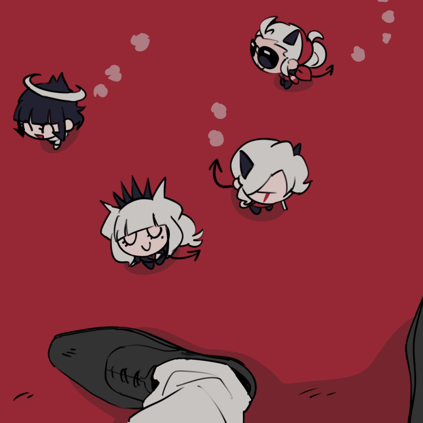 1boy, 4girls, angel, azazel_(helltaker), bandana, black_hair, black_horns, black_suit