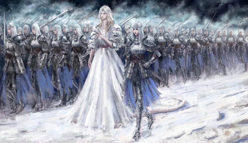2girls, 6+others, absurdres, armor, army, azure_meraki, blonde_hair, blue_eyes